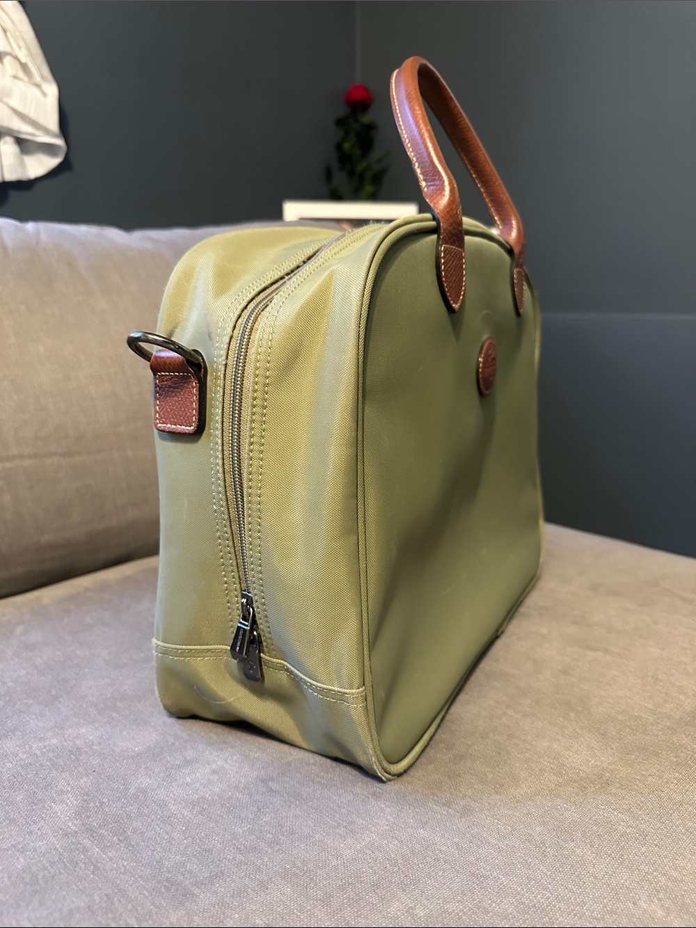 Longchamp Olive Nylon Travel Bag with Brown Leather Trim - Picture 5 of 6